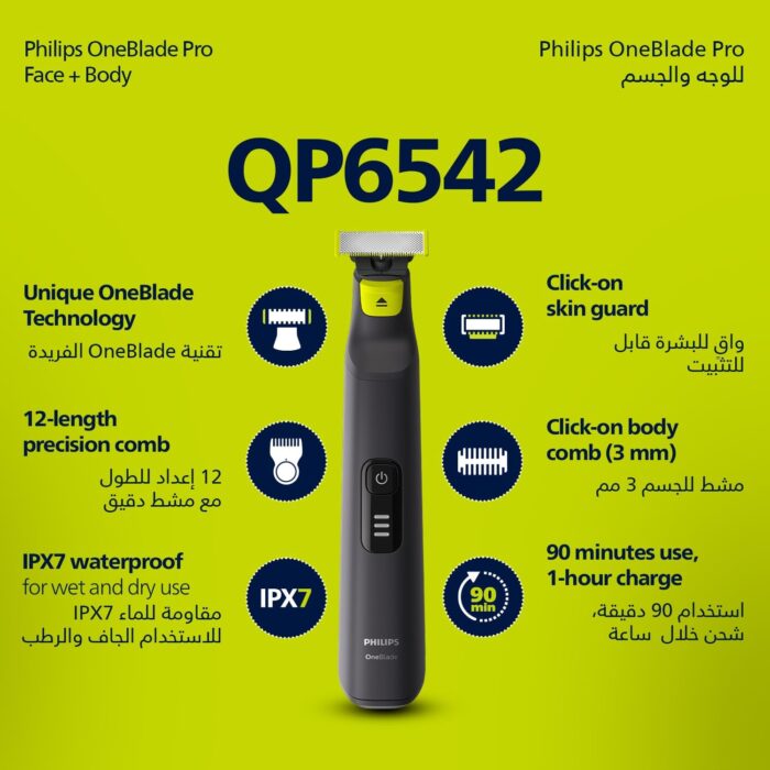 Philips OneBlade Pro QP6542/10 Face + Body, Hybrid Trimmer and Shaver with 12-Length Precision Comb, Waterproof, 90 Min Cordless Use - Image 4